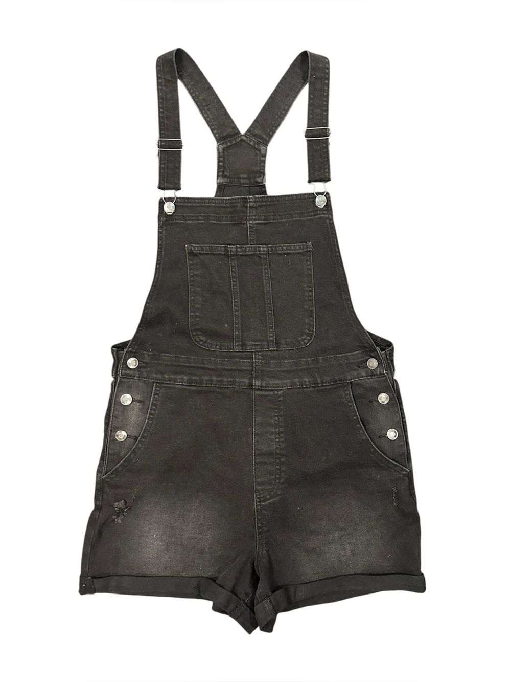 Black denim overall shorts with silver buttons